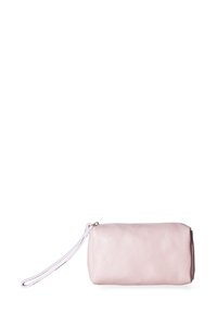 Pink leather wristlet pouch with a textured surface, zip closure, and a wrist strap. Compact rectangular shape.