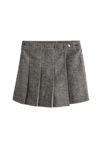 Sivý houndstooth plisé sukňa s plochým pásom, detailom gombíka na boku a mäkkou textúrou látky pre zvýšené pohodlie.