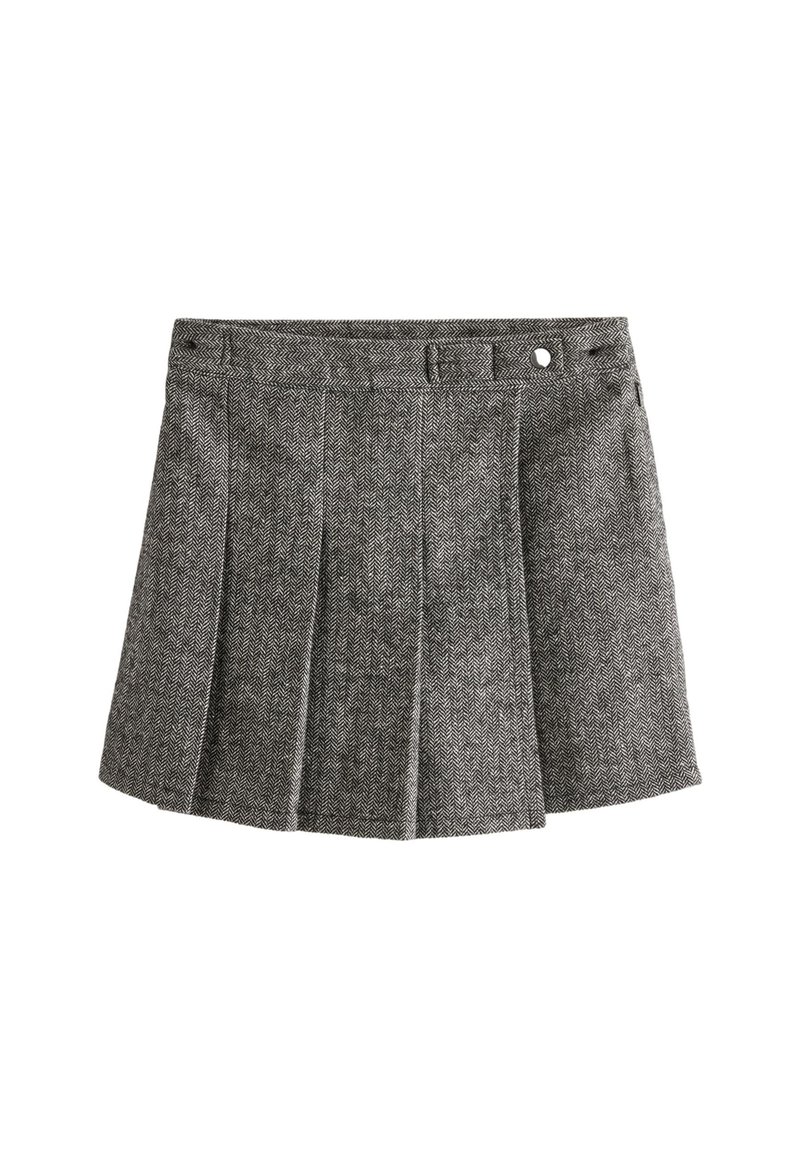 Sivý houndstooth plisé sukňa s plochým pásom, detailom gombíka na boku a mäkkou textúrou látky pre zvýšené pohodlie.