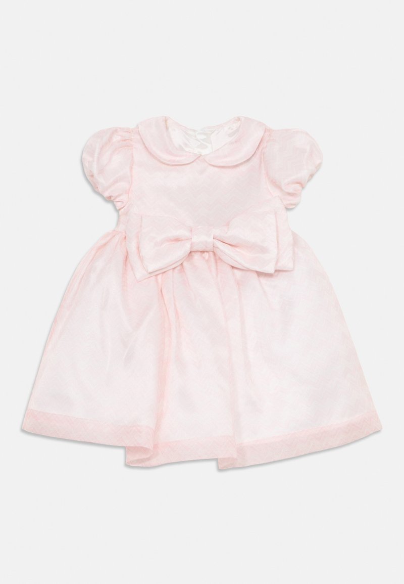 Pink toddler dress with puff sleeves, rounded collar, and large front bow. The fabric features a subtle zigzag pattern.
