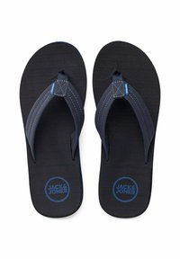 Infradito blu navy con una suola in gomma nera testurizzata. Presentano cuciture blu e un logo circolare blu sulla soletta.
