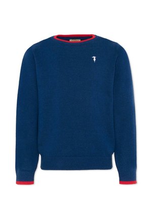 Maglione blu navy girocollo con rifiniture rosse su collo e polsini, con piccolo logo bianco ricamato sul petto sinistro.