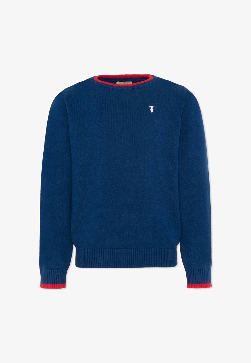 Pull bleu marine à col rond avec un liseré rouge sur le col et les poignets, présentant un petit logo blanc brodé sur la poitrine gauche.