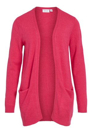 Rosa kofta av mjukt tyg med öppen framkant, långa ärmar och två framfickor. Slät textur med ribbade muddar.