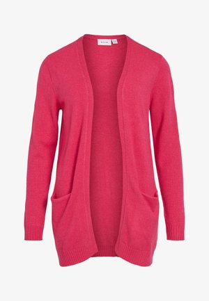 Rožnato jopico iz mehke tkanine, z odprtim sprednjim delom, dolgimi rokavi in dvema sprednjima žepoma. Gladek tekstura z nabranimi manšetami.