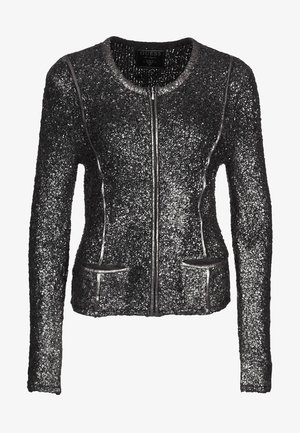 Černá flitrová bunda s přiléhavým střihem, zapínáním na zip, kulatým výstřihem a dvěma předními kapsami s hladkým černým lemováním.