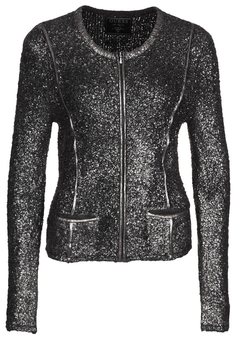 Czarna marynarka z cekinami o dopasowanym kroju, z zamkiem błyskawicznym, okrągłym dekoltem i dwoma przednimi kieszeniami wykończonymi gładkim czarnym obszyciem.