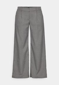 Vid-benen byxor i ett ljusgrått tyg, med framveck och en slät midja. Ingen synlig fickor eller hårdvarudetaljer.