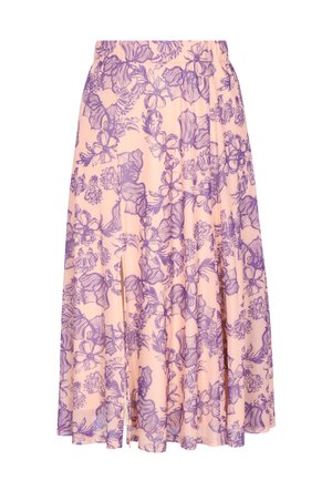 Jasnoróżowa spódnica midi w fioletowy kwiatowy wzór, z lejącym się materiałem i plisami, wyposażona w elastyczną talię.