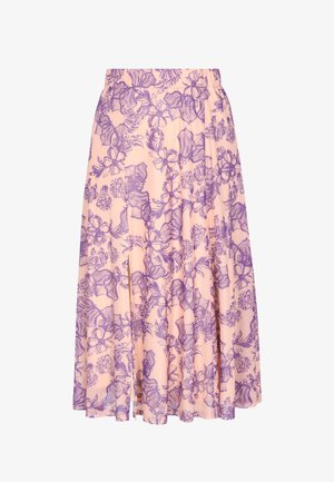 Jasnoróżowa spódnica midi w fioletowy kwiatowy wzór, z lejącym się materiałem i plisami, wyposażona w elastyczną talię.