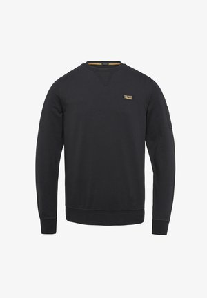 Sudadera negra con cuello redondo, puños de canalé y un pequeño parche de logo en el pecho. Fabricada con un tejido suave y con un acabado texturizado.