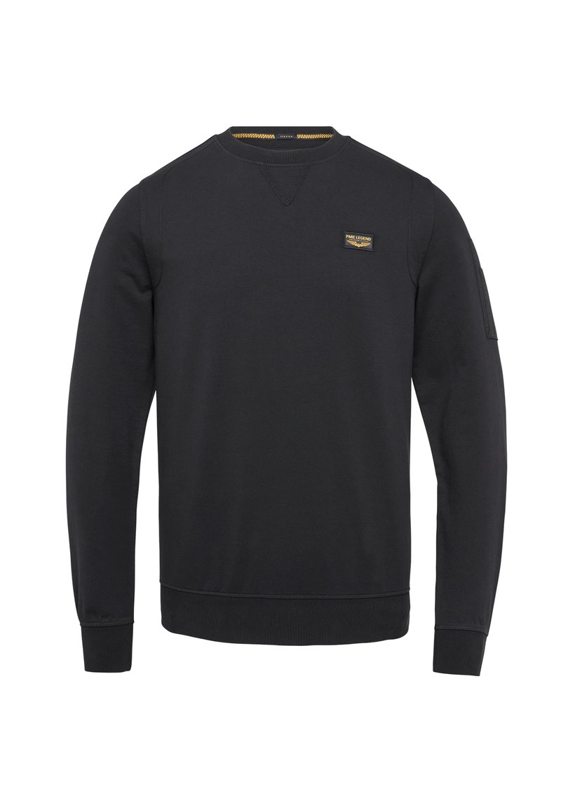 Sweatshirt noir avec un col ras du cou, des poignets côtelés et une petite étiquette logo sur la poitrine. Fabriqué en tissu doux, avec une finition texturée.