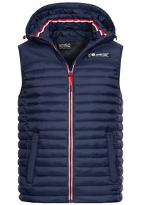 Gilet imbottito blu navy con zip frontale, fodera del cappuccio a righe rosse e bianche, e due tasche laterali. Materiale sintetico con texture trapuntata.