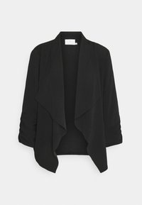 Musta avoin bleiseri, jossa on rypytetyt kolme neljänneksen hihat ja leveät, liehuvat kaulukset, esitetty valkoisella taustalla.