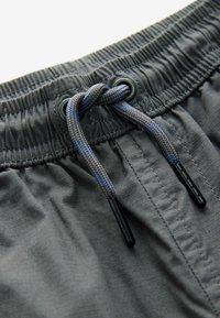 Shorts gris avec une taille élastique dotée d'un cordon de serrage ajustable, ornés d'accents noirs et bleus, et d'une surface texturée.