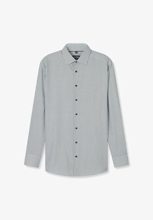 Langärmliges, knöpfbares Hemd mit kleinem schwarz-weißem geometrischem Muster, spitzem Kragen und schwarzen Knöpfen entlang der Vorderseite.