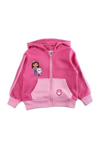 Sweat à capuche rose à fermeture éclair avec un graphisme d'une fille avec un chat, deux poches avant et un motif d'empreinte de patte sur la poche. Texture de tissu doux.