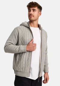 Suéter de punto grueso con cremallera en gris claro, con capucha, que presenta puños y dobladillo acanalados, y un forro interior en contraste.
