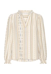 Blouse beige clair avec des rayures verticales en crème, gris et marron. Dotée d'un col en V, de manches longues avec poignets froncés, et de motifs géométriques.