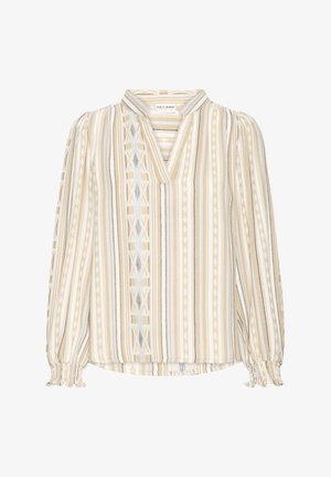 Lichtbeige blouse met verticale strepen in crème, grijs en bruin. Voorzien van een V-hals, lange mouwen met geplooide manchetten, en geometrische patronen.