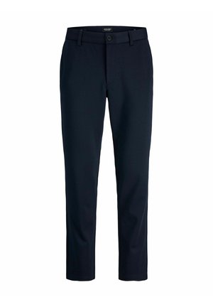 Pantaloni formali da uomo slim fit di colore blu navy scuro con passanti per cintura, chiusura con bottoni e tasche frontali.