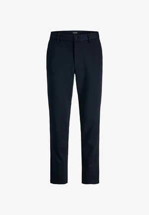 Pantaloni formali da uomo slim fit di colore blu navy scuro con passanti per cintura, chiusura con bottoni e tasche frontali.