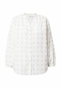 Blusa bianca con colletto a volant e chiusura frontale con bottoni, caratterizzata da un delicato motivo a pois color beige. Taglio largo e maniche lunghe.