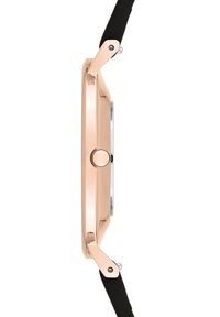 Roségoldfarbene Uhr mit einem glatten, runden Gehäuse. Sie verfügt über eine strukturierte Krone und ein schwarzes Lederarmband. Minimalistisch im Design und Profil.