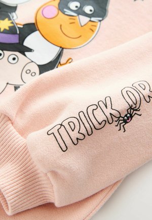 Kerge roosa sviiter, millel on multifilmiloomade print ja "TRICK OR" tekst koos ämbliku kujundusega, valmistatud pehmest kangast ja ribatud varrukatega.