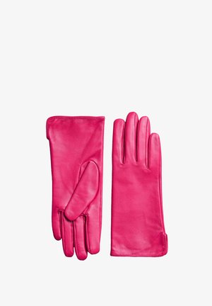 Gants en cuir rose vif, présentant une texture lisse, un design ajusté et un poignet allongé pour un supplément de protection.