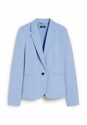 Lyseblå enkeltknappet blazer med notch revers og paspolerede lommer, vist fladt på hvid baggrund.