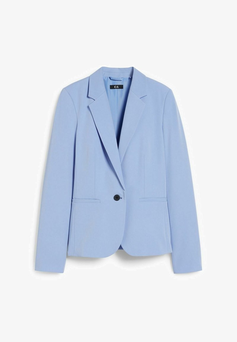 Blazer bleu clair à un seul bouton, avec revers crantés et poches passepoilées, présenté à plat sur fond blanc.