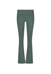 Uppflutna leggings i en dämpad grön färg, tillverkade av ett glatt, elastiskt tyg med en bred midjeresår och en minimalistisk design.