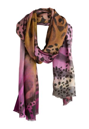 Lang blød tørklæde med pink, brun og beige gradient og sorte uregelmæssige leopardpletter, løst snoet.