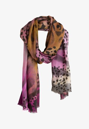 Lang blød tørklæde med pink, brun og beige gradient og sorte uregelmæssige leopardpletter, løst snoet.