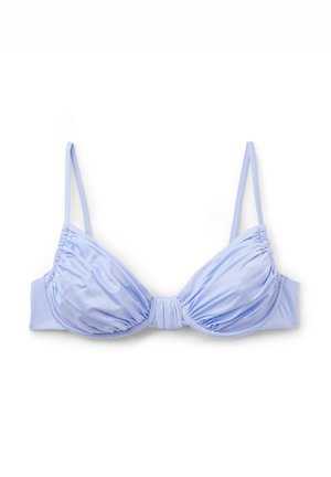 Light blue bikini top with adjustable straps, gathered texture, and a central knot detail. Made from stretchy, swimwear fabric.
