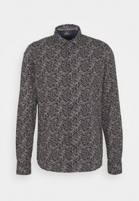 Camicia a maniche lunghe con bottoni, caratterizzata da uno sfondo blu scuro con un motivo floreale beige. Realizzata in tessuto leggero con colletto standard.