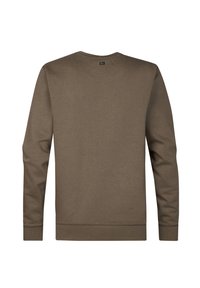 Bruine sweater met lange mouwen en een ronde hals, gemaakt van zachte stof. Beschikt over geribde manchetten en zoom, een gladde textuur en een eenvoudig ontwerp.