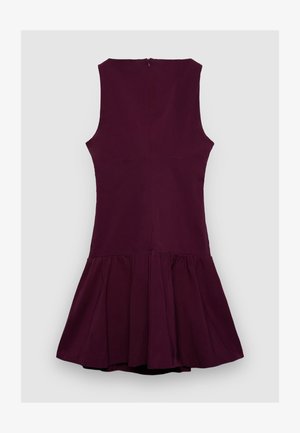 Abito senza maniche in bordeaux intenso con gonna svasata. Presenta una cerniera centrale posteriore e una texture del tessuto liscia. Design semplice e pulito.