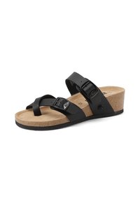 Sandal nera a due fasce realizzata in materiale sintetico con fibbie regolabili, soletta in sughero e suola a zeppa per un'altezza maggiore.