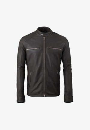 Black leather jacket featuring a stand-up collar, zippered front, and two front zippered pockets. Diamond pattern accents on shoulders.