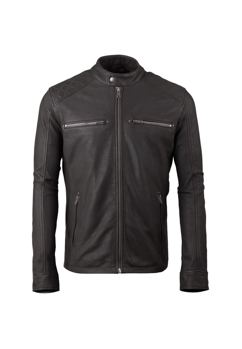 Black leather jacket featuring a stand-up collar, zippered front, and two front zippered pockets. Diamond pattern accents on shoulders.