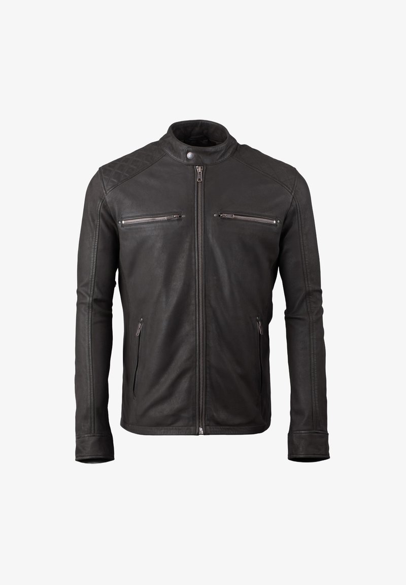 Black leather jacket featuring a stand-up collar, zippered front, and two front zippered pockets. Diamond pattern accents on shoulders.