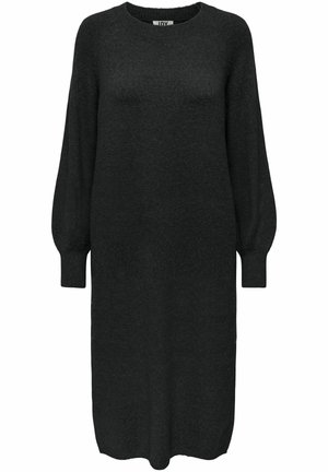Robe pull longue noire en maille avec manches longues bouffantes et poignets côtelés, dotée d'une encolure ronde et d'un ourlet droit.