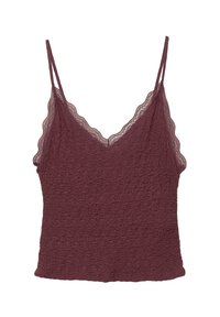 Burgunderröd camisole i en strukturerad tyg, med spetsdekoration längs halsringen och axelbanden, samt en figurnära siluett. Justerbara spaghetti-straps.