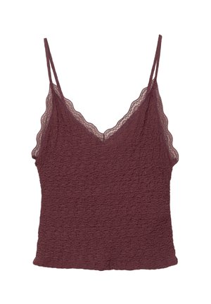 Bordeaux cami met een gemêleerde stof, kantafwerking langs de halslijn en schouderbanden, en een getailleerd silhouet. Verstelbare spaghetti-bandjes.