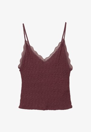 Bordeaux camisole med et tekstureret stof, blondekant langs halsudskæringen og stropperne samt en tætsiddende silhuet. Justerbare spaghetti-stropper.