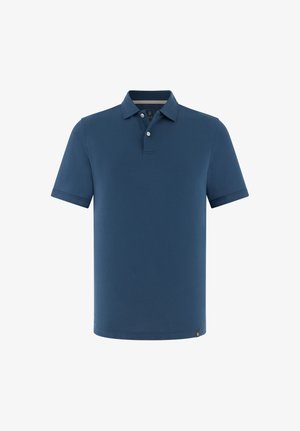 Granatowa koszulka polo z krótkim rękawem, dwoma białymi guzikami i małą metką z logo przy krawędzi.