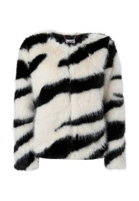 Faux fur jakke med et sort- og hvidstribet mønster, der har en blød tekstur, rund halsudskæring og lange ærmer.