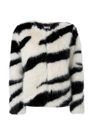 Chaqueta de piel sintética con un patrón a rayas en blanco y negro, que presenta una textura suave, escote redondeado y mangas largas.